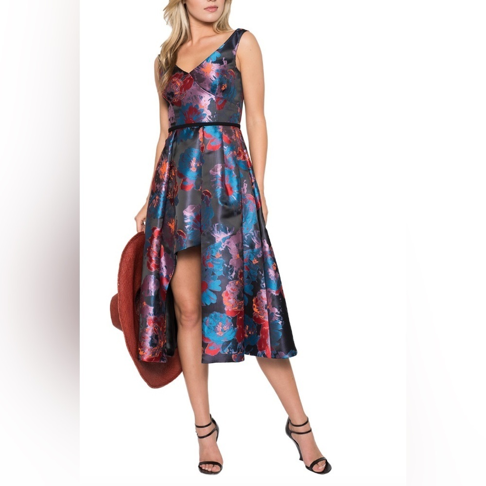 Black Halo Eve Takim V-neck Metallic‎ Jacquard Cocktail Dress Hi Low Gown Black